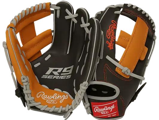 Rawlings R9 Youth Contour FIT Baseball Glove displayed showing its leather construction and Contour FIT geometry.