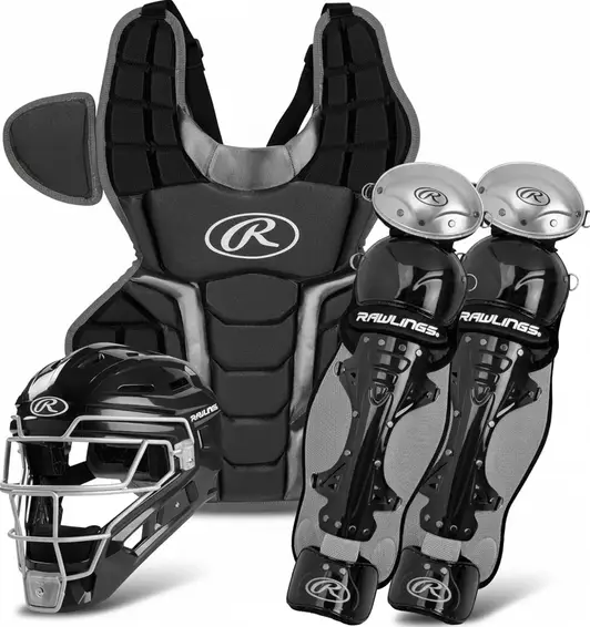 Rawlings Renegade Series Baseball Catcher's Set displayed showing its accessible matched construction across all three set components for recreational and developing youth catchers.