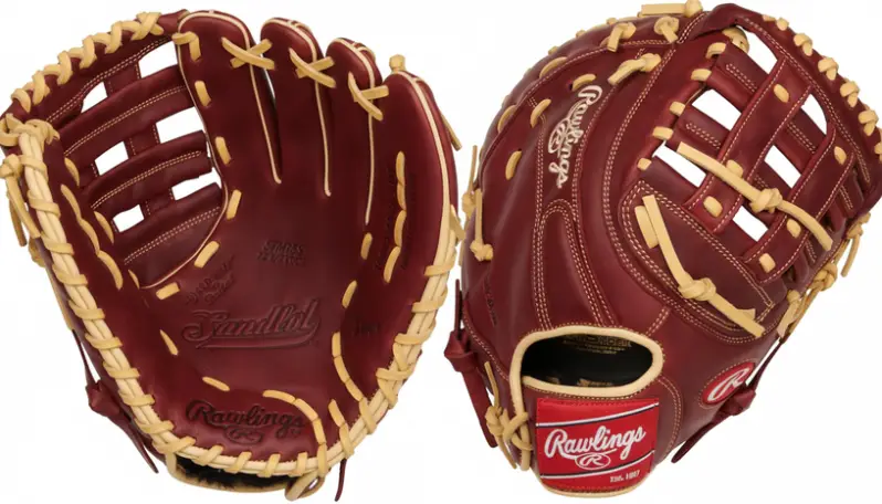 Rawlings Sandlot Series First Base Mitt displayed showing its accessible genuine leather construction and first base design for recreational and slowpitch players.