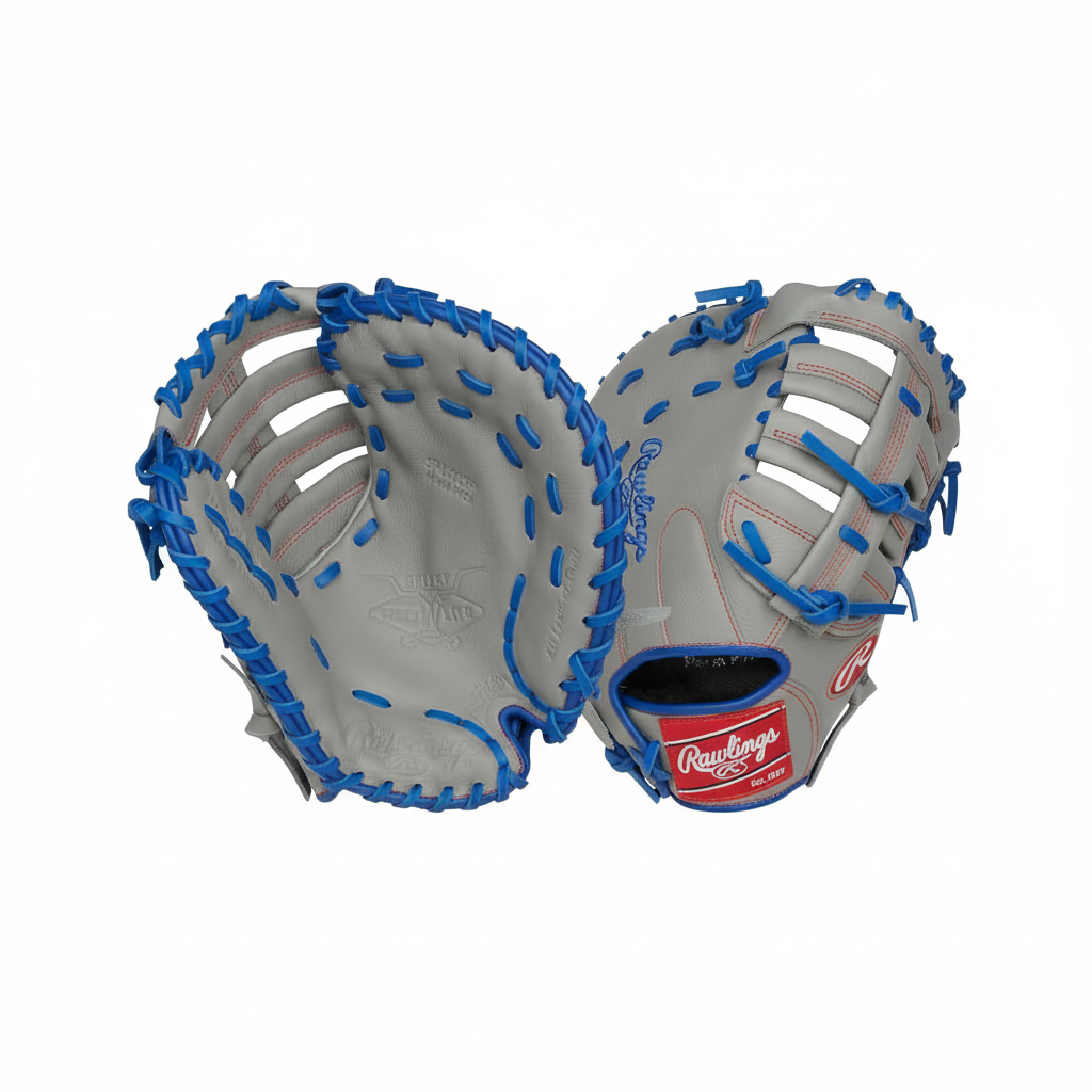 Rawlings Select Pro Lite first base mitt in gray with royal blue lacing, lightweight genuine leather construction designed for youth and teenage first basemen.