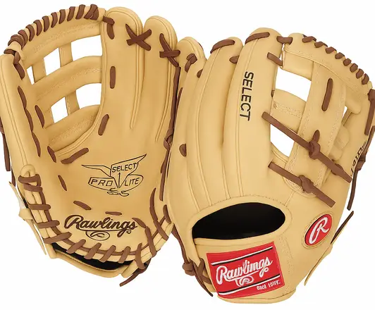 Rawlings Select PRO LITE Youth Baseball Glove displayed showing its professional pattern construction and lighter youth leather.