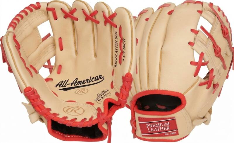 A tan and red baseball glove is shown, with the open glove on the left and the closed glove on the right.