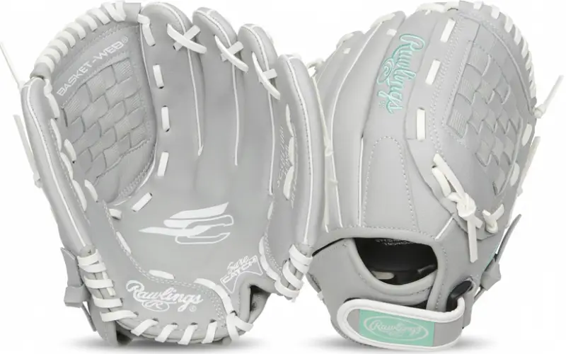Rawlings Sure Catch Series Youth Softball Glove displayed showing its easier-closing technology and youth fastpitch design for younger players with developing hand strength.