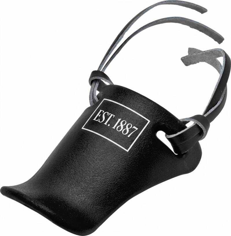 Rawlings TP4 catcher's throat guard in black leather with Est. 1887 branding and lace-on attachment ties.