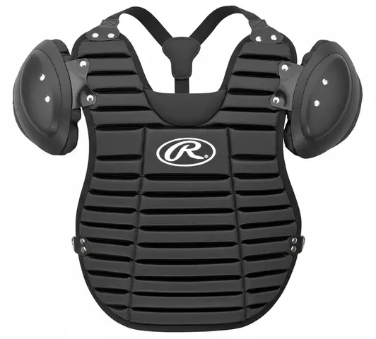 Rawlings UGPC Umpire's Chest Protector showing padded coverage zones and adjustment strap system on a neutral background.