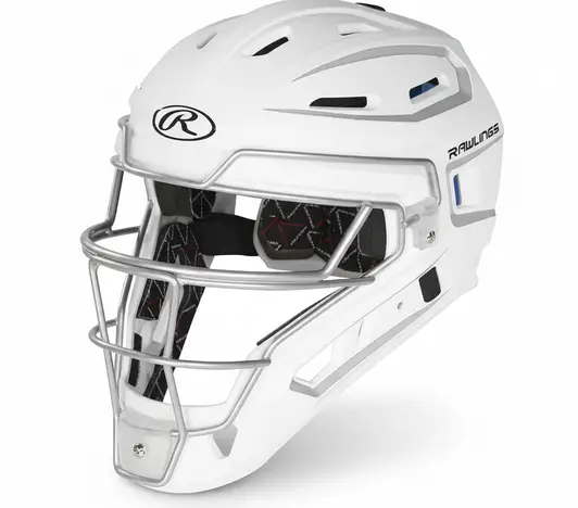 Rawlings Velo 2.0 Catcher's Helmet displayed showing its second-generation updated ABS shell construction and refined fit design for competitive softball catchers.