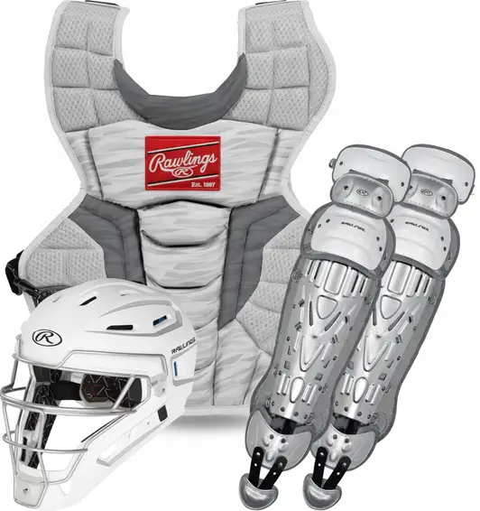 Rawlings Velo 2.0 catcher’s gear set including helmet, chest protector, and lightweight leg guards designed for balanced protection and mobility.