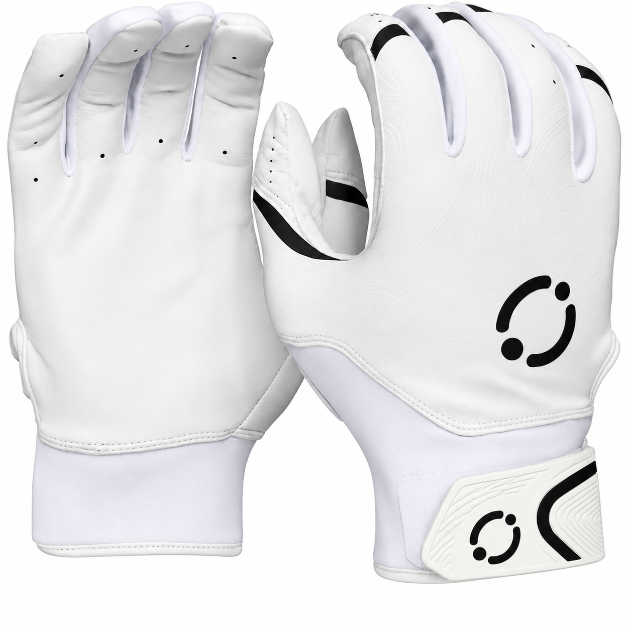 Batting gloves by Rawlings in white, with black accents.