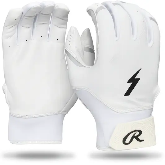 Rawlings Workhorse baseball batting gloves in white with perforated leather palm and Rawlings script logo on wrist band.