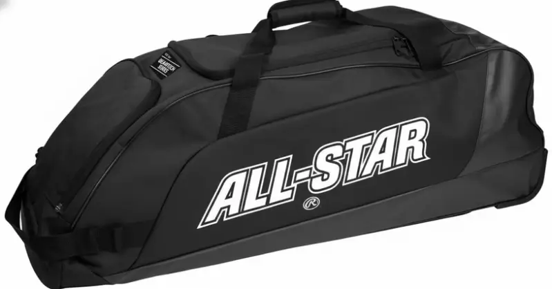 Rawlings Workhorse Wheeled Equipment Bag with Rawlings professional construction reinforced wheels and organized compartment zones for competitive daily use.
