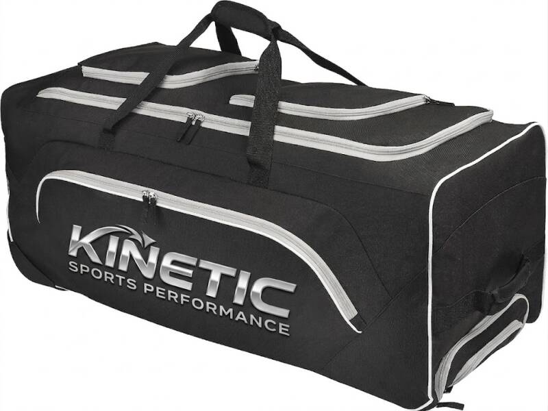 A wheeled, black Kinetic Sports Performance duffel bag with a light gray trim is set against a white background.
