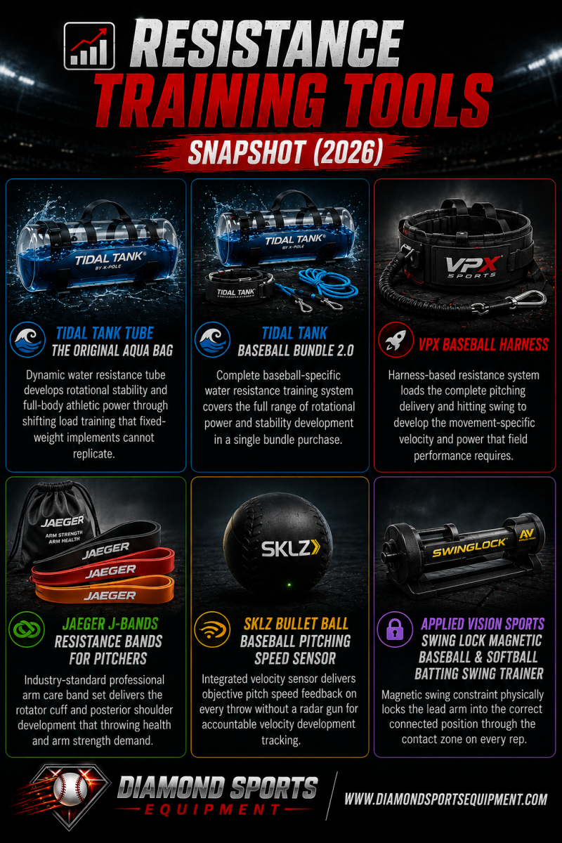 Resistance training tools snapshot featuring Tidal Tank water resistance trainers, VPX baseball harness, Jaeger J-Bands, SKLZ Bullet Ball speed sensor, swing trainers, and Diamond Sports Equipment branding.