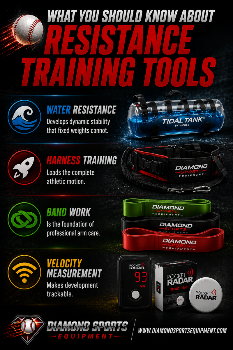 Resistance Training Tools WYSK infographic featuring Tidal Tank water resistance training, VPX Baseball Harness training, Jaeger J-Bands band work arm care, and SKLZ Bullet Ball velocity measurement with Diamond Sports Equipment branding.