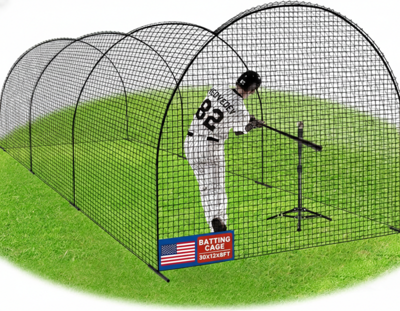Portable batting cage net with sturdy steel frame for backyard baseball and softball practice.