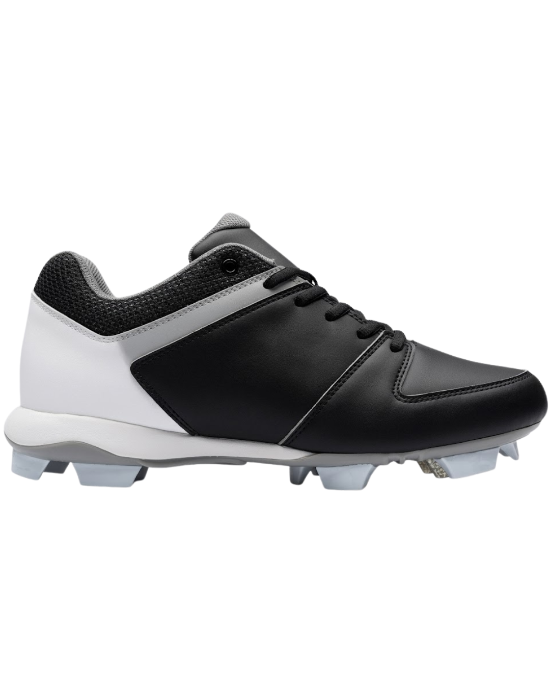 A low-top black and white Ringo Flite softball cleat featuring a white heel panel and white molded spikes on a grey midsole.