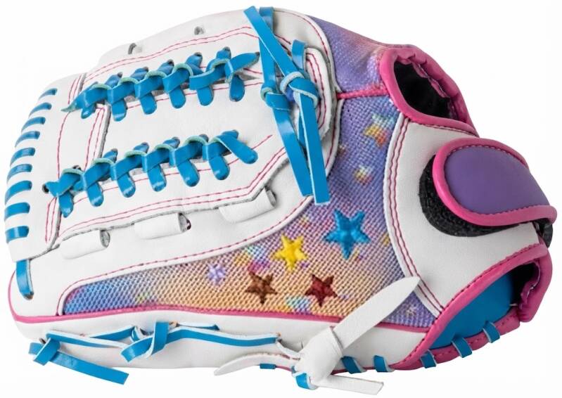 RIP-IT Girls' Softball Outfield Glove, a youth outfield glove in white with pink trim and a pastel star-print panel.