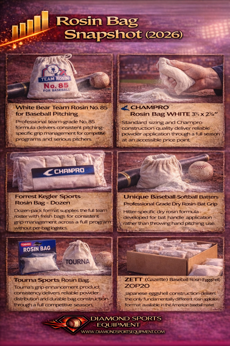 Comparison graphic featuring six rosin bag products with performance-focused descriptions and Diamond Sports Equipment branding.