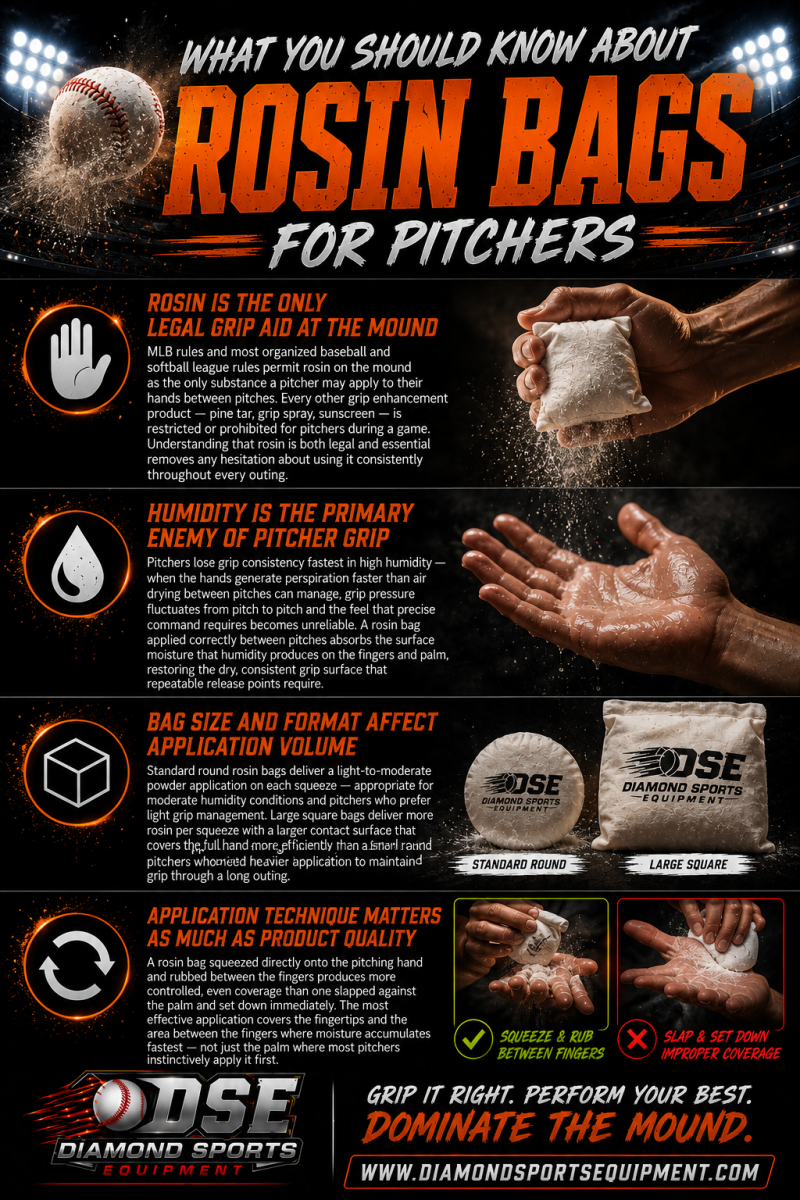Baseball rosin bags infographic explaining legal pitcher grip aid rules, humidity effects on grip, rosin bag size differences, and proper application techniques with Diamond Sports Equipment branding.