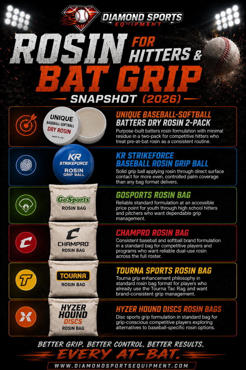 Baseball rosin and bat grip comparison infographic featuring Unique Dry Rosin, KR Strikeforce Grip Ball, GoSports, Champro, Tourna Sports, and Hyzer Hound rosin bags with dramatic stadium lighting and Diamond Sports Equipment branding.