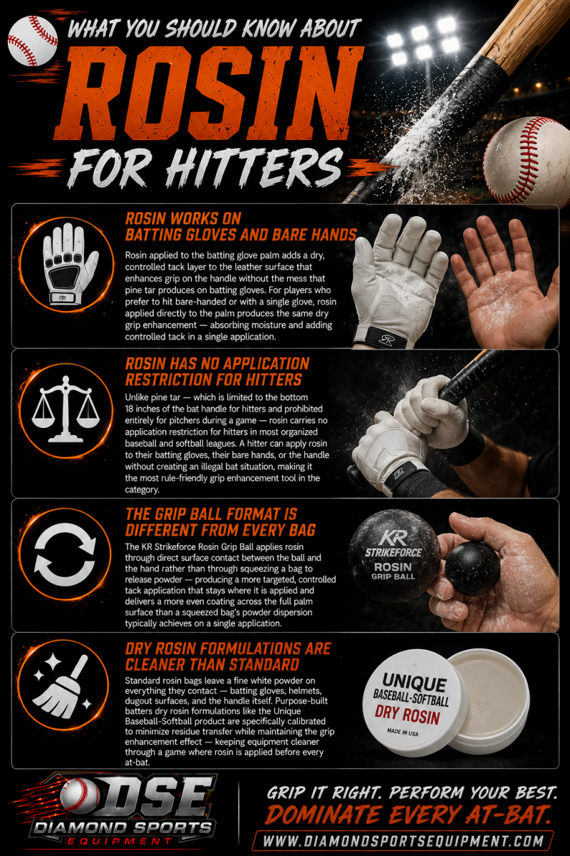 Baseball rosin infographic for hitters explaining batting glove grip, legal rosin use, grip ball application, and cleaner dry rosin formulas with Diamond Sports Equipment branding.