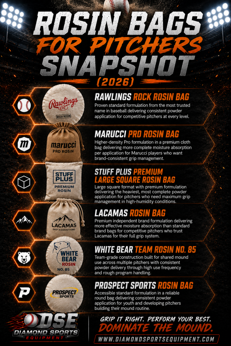 Baseball rosin bags comparison infographic featuring Rawlings, Marucci, Stuff Plus, Lacamas, White Bear, and Prospect Sports rosin bags with dramatic stadium lighting and Diamond Sports Equipment branding.
