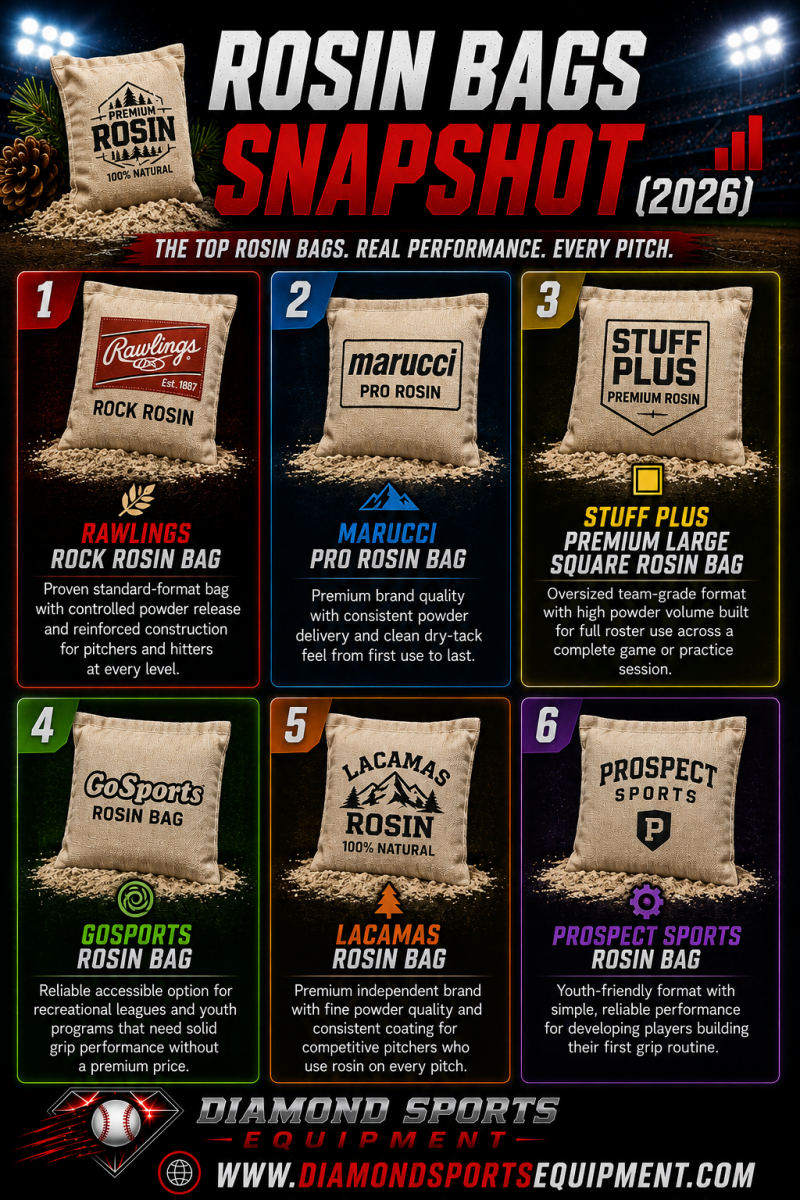 Rosin Bags Snapshot infographic featuring Rawlings, Marucci, Stuff Plus, GoSports, Lacamas, and Prospect Sports rosin bags on a dark stadium-style background.