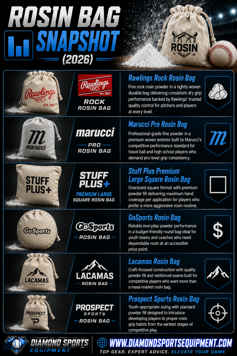 Rawlings Rock Rosin Bag, Marucci Pro Rosin Bag, Stuff Plus Premium Large Square Rosin Bag, GoSports Rosin Bag, Lacamas Rosin Bag, and Prospect Sports Rosin Bag comparison for 2026.