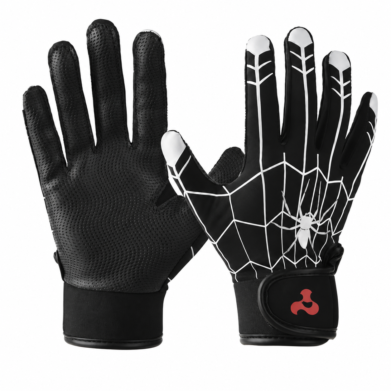 Batting gloves by RSPGO for youth, in black with a white spider web print.