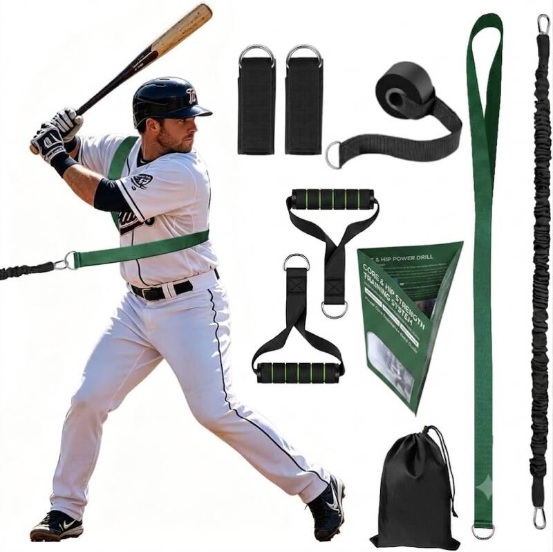 RYNEX Baseball Resistance Bands Set, a set of resistance bands with handles, ankle straps, and a door anchor for arm-strength training.