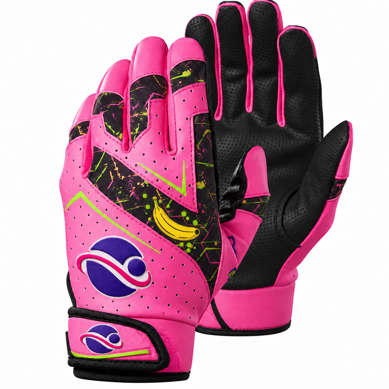 Batting gloves by Savannah Bananas, in pink and black with paint splatter.