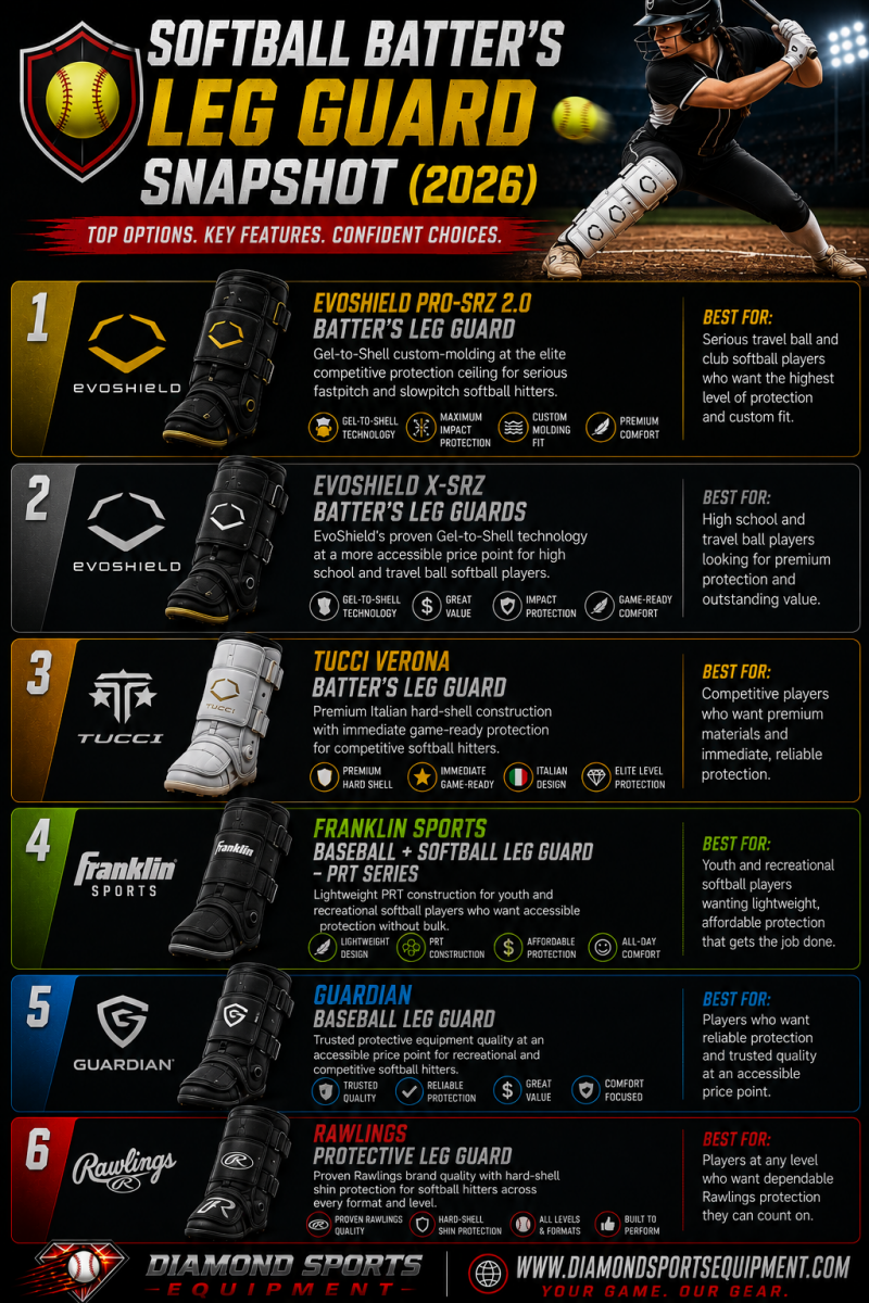 Softball Batter’s Leg Guard Snapshot infographic featuring EvoShield, TUCCI, Franklin Sports, Guardian, and Rawlings softball batter’s leg guards on a dark stadium-style background.