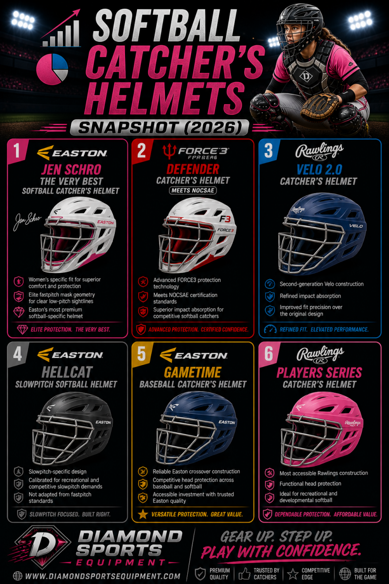 Softball catcher’s helmets snapshot showing six helmets in a clean two-row grid on a dark stadium background with Diamond Sports Equipment branding.