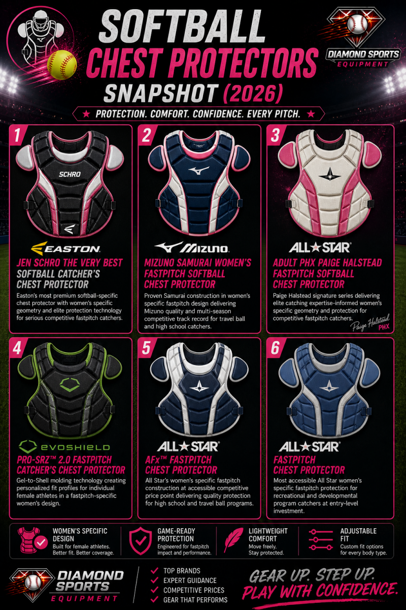 Softball chest protectors snapshot infographic showing six protectors in a clean 2x3 grid on a dark stadium background with product names and Diamond Sports Equipment logo and URL in the bottom left.