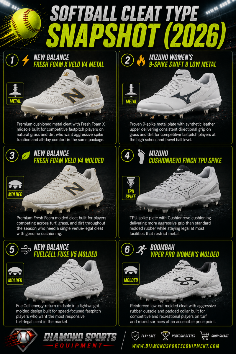 Softball cleat type snapshot featuring New Balance Fresh Foam, Mizuno TPU and metal softball cleats, and Boombah molded softball cleats for fastpitch players.