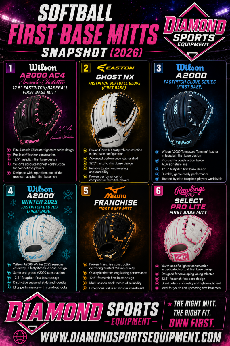 Softball first base mitts snapshot featuring six fastpitch first base mitts for competitive and youth softball players in 2026.