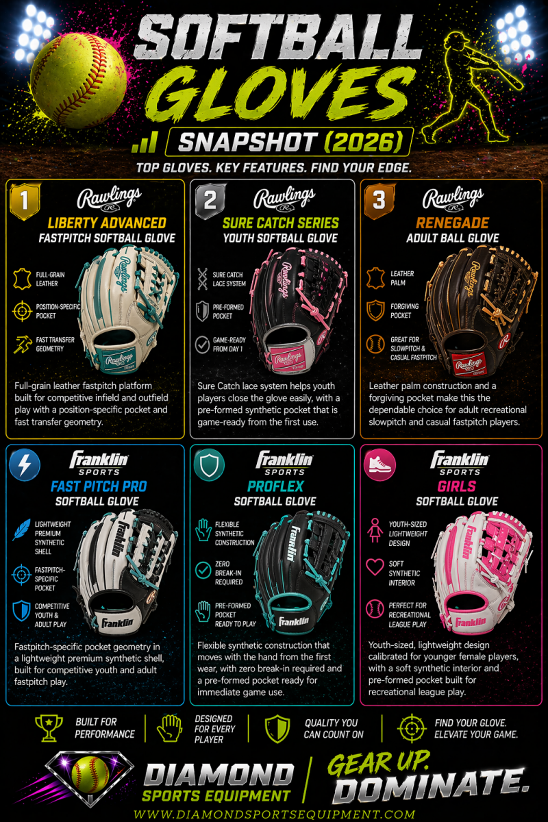 Softball gloves snapshot infographic showing six gloves in a 2x3 grid with product names and Diamond Sports Equipment branding.