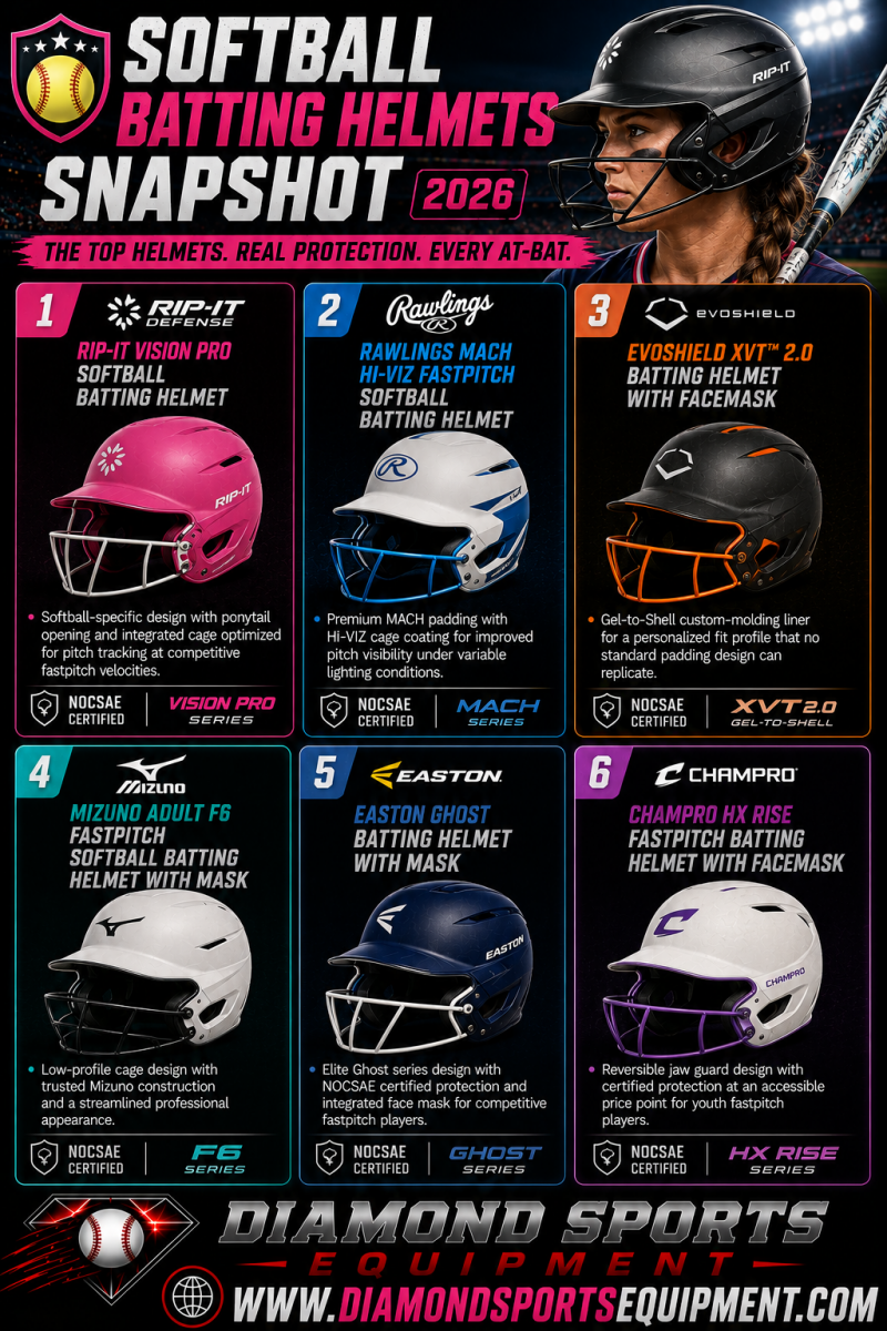 Softball Batting Helmets Snapshot infographic featuring RIP-IT, Rawlings, EvoShield, Mizuno, Easton, and CHAMPRO softball batting helmets on a dark stadium-style background.