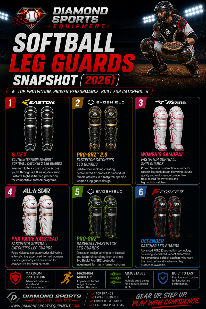 Softball catcher’s leg guards snapshot infographic featuring six models in a clean two-row grid on a dark stadium background with Diamond Sports Equipment branding in the bottom left.