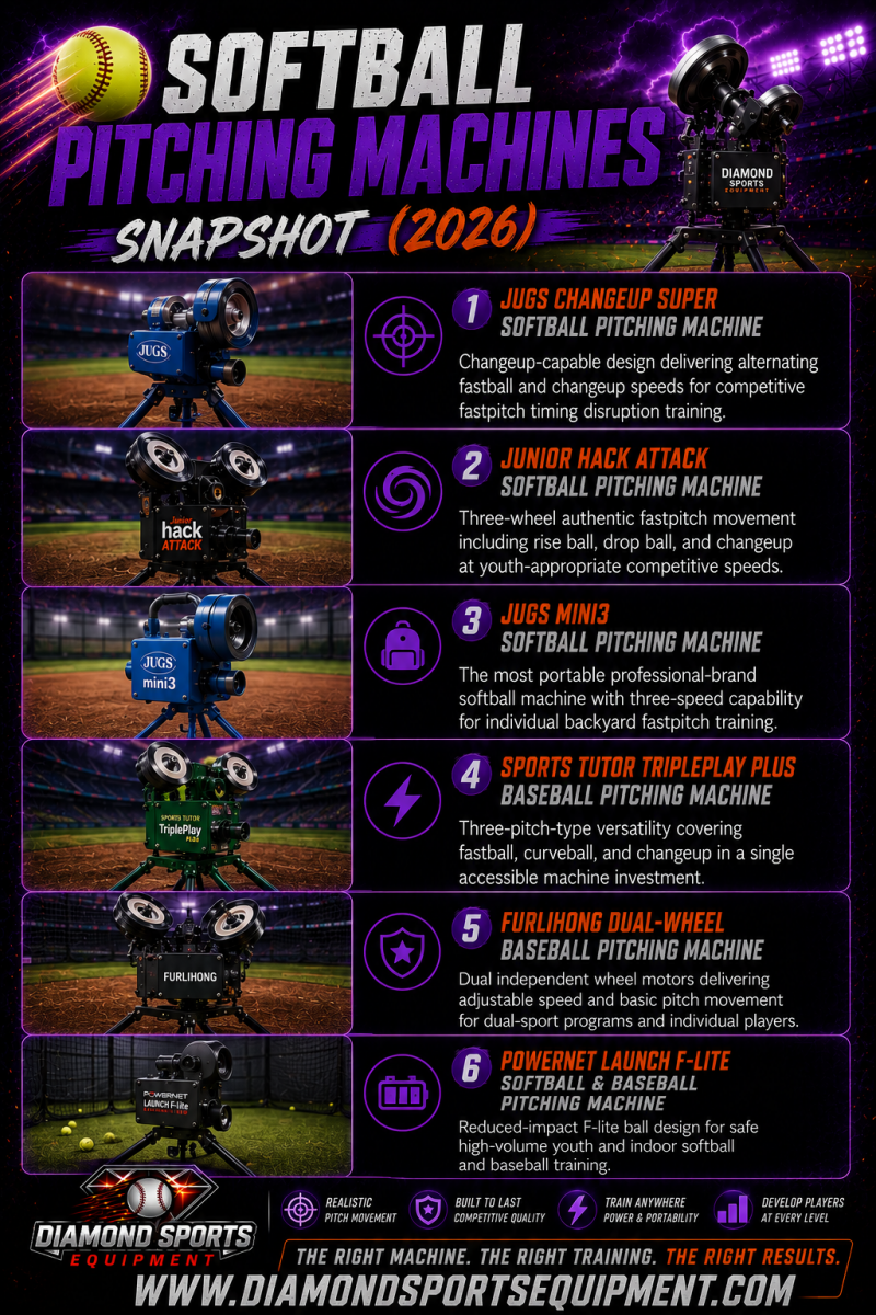 Softball Pitching Machines Snapshot (2026) featuring JUGS, Junior Hack Attack, Sports Tutor TriplePlay, Furlihong, and PowerNet pitching machines with Diamond Sports Equipment branding.
