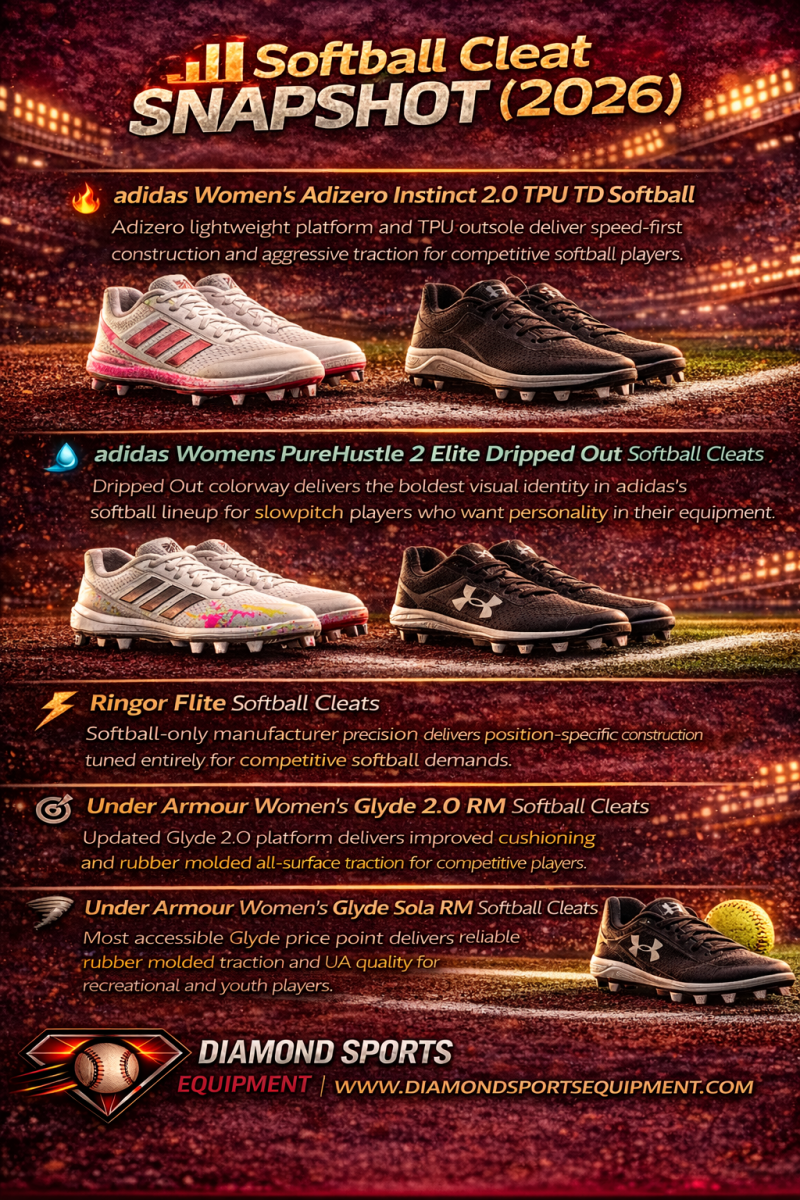 Comparison graphic featuring adidas, Ringor, and Under Armour softball cleats with performance-focused details for competitive and recreational players.