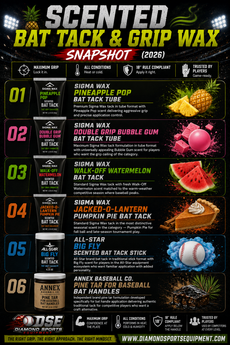 Scented bat tack and grip wax comparison infographic featuring Sigma Wax, All-Star Big Fly, and Annex Baseball Co. grip products with bold stadium graphics and Diamond Sports Equipment branding.