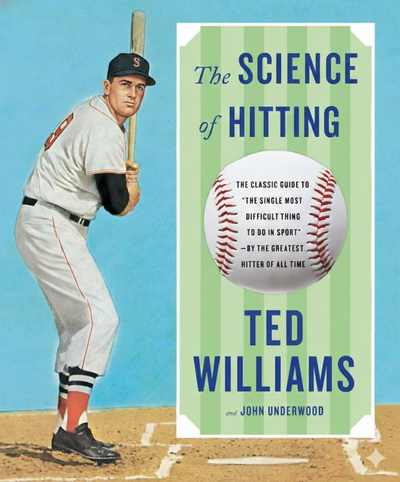 The Science of Hitting by Ted Williams book cover featuring the foundational strike zone mapping pitch selection discipline and swing mechanics framework that elite hitting philosophy has built on for fifty years.