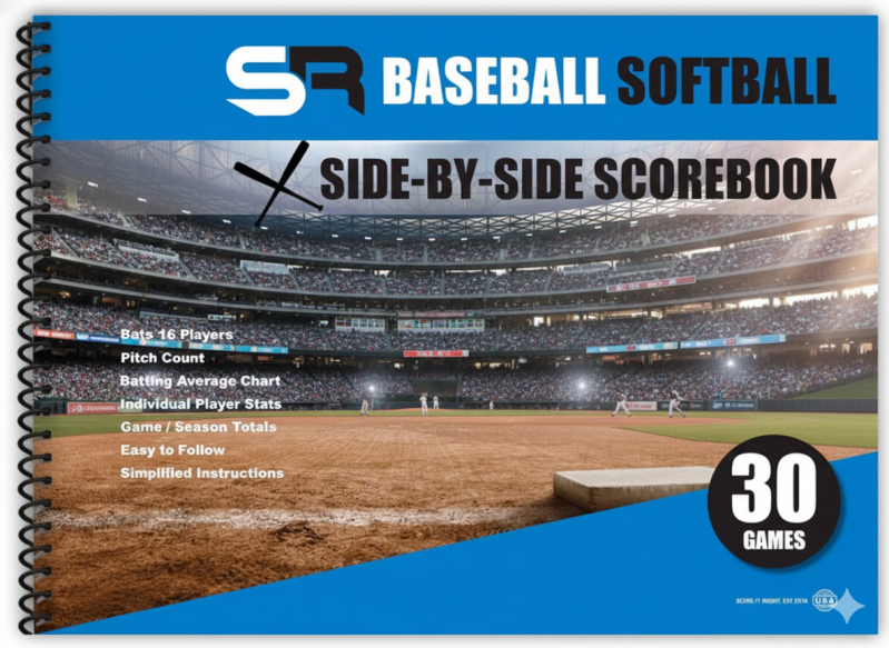 Score It Right Side By Side Baseball Softball Scorebook with dual-team page layout displaying both teams simultaneously for accurate live game scoring without page-flipping.
