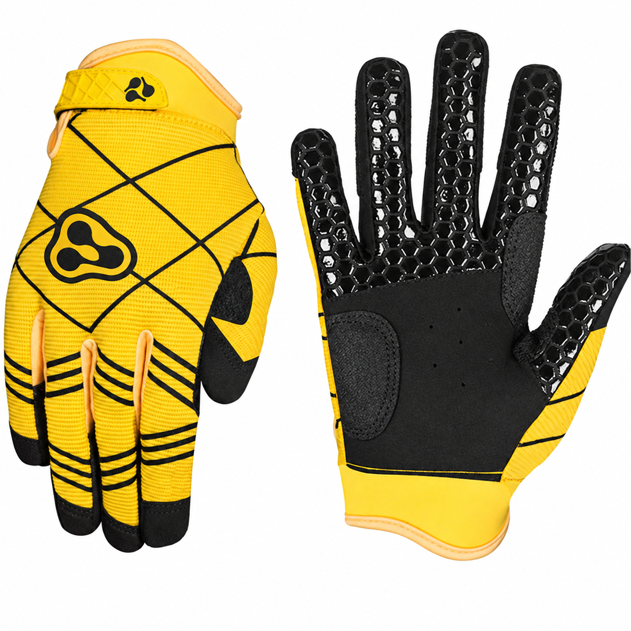 Batting gloves by Seibertron, in yellow and black with grip palms.