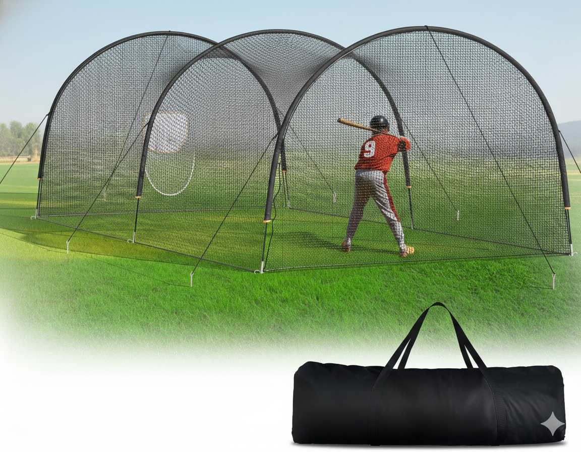 Baseball batting cage with net for backyard and team training.