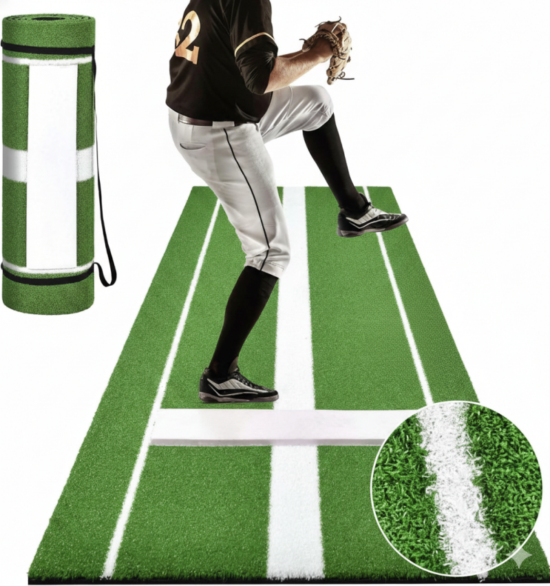 Shopsource Pitching Mat 10 x 3 FT laid flat showing its full-length turf surface and integrated pitching rubber.