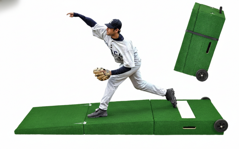 A compact and portable green turf pitching mound featuring an integrated rubber pitching plate and side carrying handles.