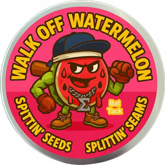 Sigma Wax Walk-Off Watermelon Bat Tack featuring standard reliable tack formulation with fresh watermelon scent matched to the warm-weather competitive baseball and softball season.