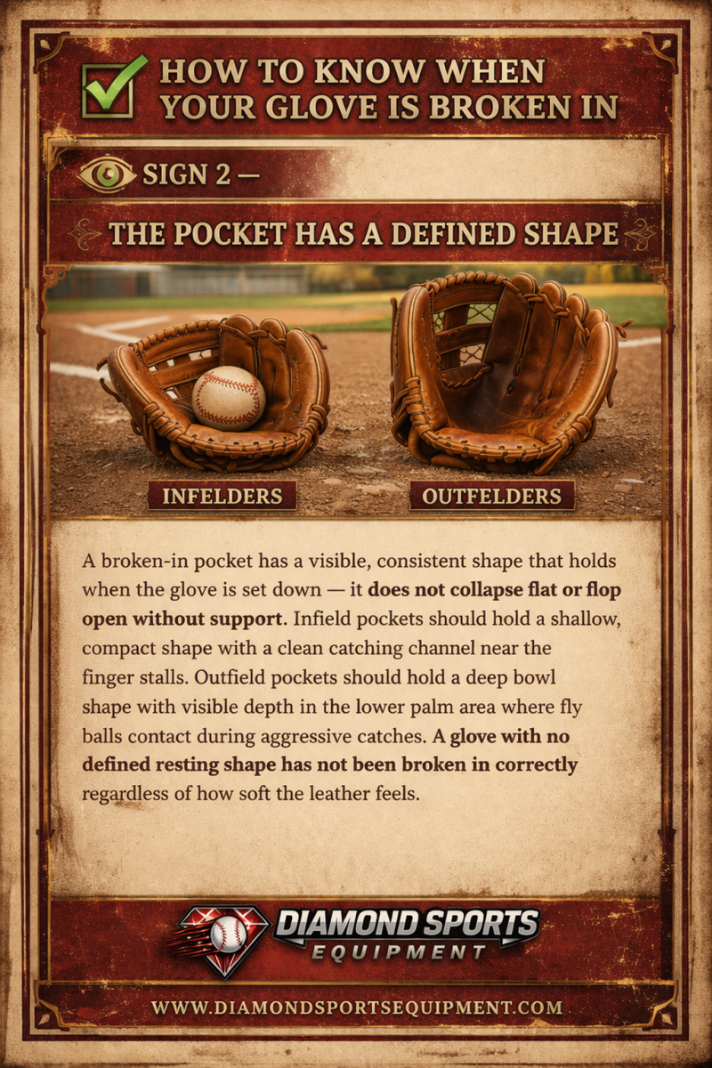 Broken in baseball glove showing defined pocket shape with shallow infield pocket and deep outfield pocket comparison