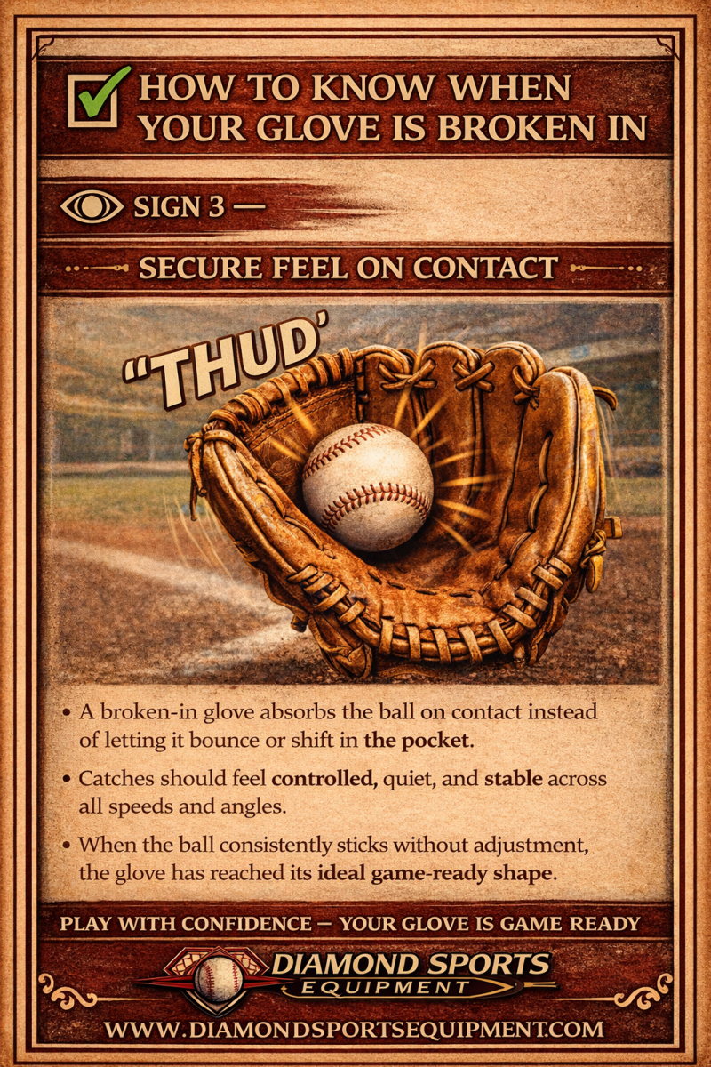 Baseball glove catching ball securely in pocket showing proper break-in with controlled contact and no ball movement